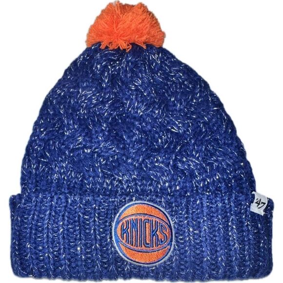 47 BRAND NEW YORK KNICKS BLUE WITH SPARKLES WOMENS HEAVY KNIT POM BEANIE w/ CUFF - Picture 1 of 2
